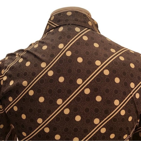 Vintage 70'S Hukapoo Disco style brown and crème polka dot and stripe shirt sz S - Picture 4 of 7